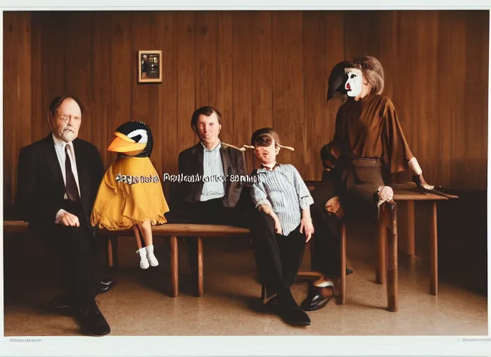 Image similar to realistic photo portrait of the family, brown mustard shirt, black tie, crow mask face, wooden polished and fancy expensive wooden laboratory hall interior with museum artifacts 1 9 9 0, life magazine reportage photo