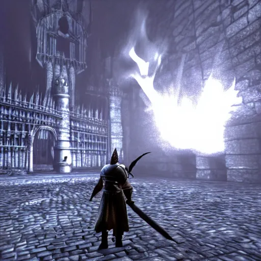 Prompt: gameplay screenshot of the game dark souls in the style of super mario 6 4, a dark souls final boss battle in anor londo in the style of super mario 6 4, unreal engine, raytracing and volumetric lighting, highly detailed