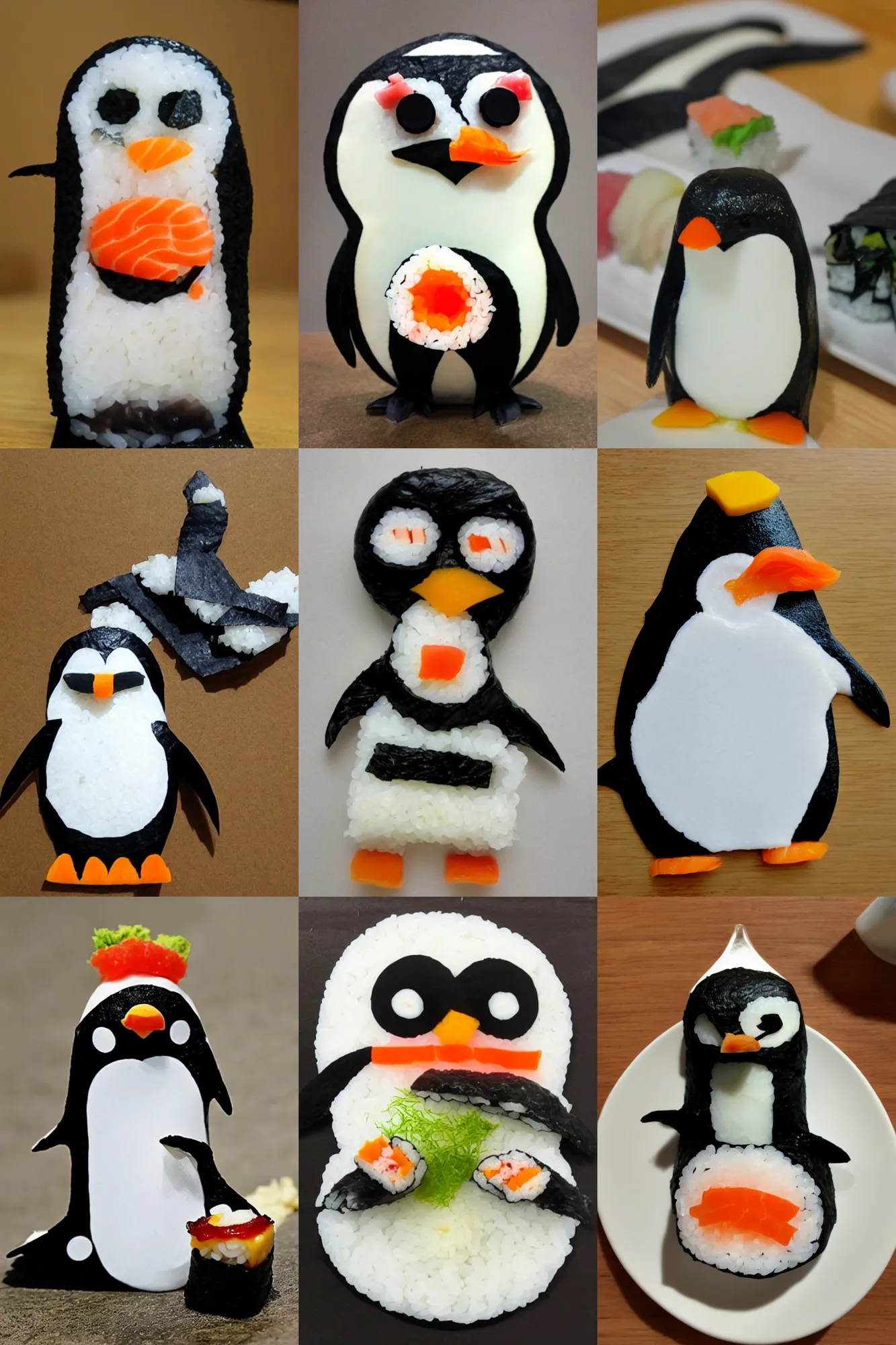 Prompt: a penguin made of sushi