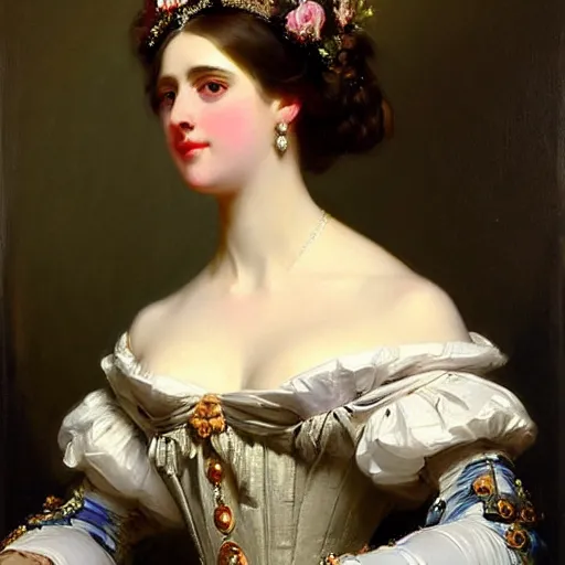 Image similar to beautiful painting of a queen by franz xaver winterhalter, highly detailed, vivid, romanticism, 1 8 6 0 s style art, high quality, elegant, fancy