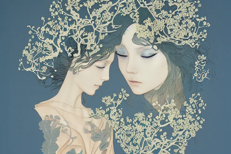 Prompt: woman portrait, goddess of greek mythology, orthodox saint, amalgamation of leaves and flowers. balenciaga, intricate complexity. matte paper, cut paper texture. by Jeffrey Catherine Jones, James jean, Miho Hirano, Hayao Miyazaki, coarse gritby. Full of light-blue and silver and white layers. Exquisite detail 8K