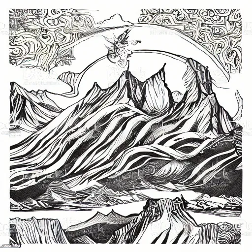 Image similar to impressive fantasy landscape, beautiful line art, square sticker, ink illustration, pure b & w, engraving illustration, sticker art