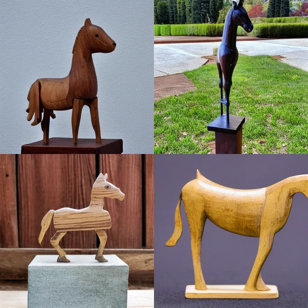 Prompt: little wooden horse statue on a pedestal