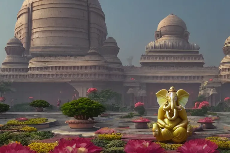 Image similar to beautiful futuristic 3 d new delhi, sharp sci - fi ganesha!! building, kalighat flowers, octane highly detailed cinematic, stephen shore & john j. park, soft morning light, wide shot, high angle, uhd 8 k, shallow depth of field