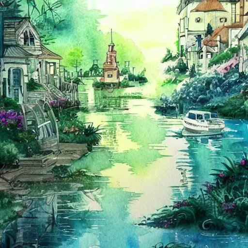 Image similar to Beautiful happy picturesque charming sci-fi town in harmony with nature. Beautiful light. Water and plants. Nice colour scheme, soft warm colour. Beautiful detailed watercolor by Lurid. (2022)