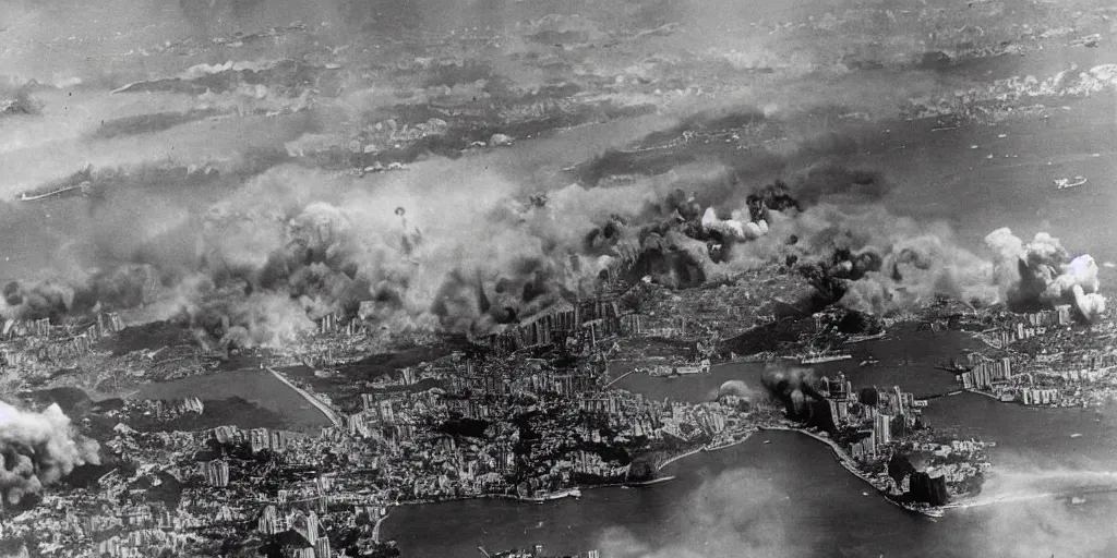 Prompt: the bombing of rio de janeiro ( 1 9 3 0 ), historical photograph, highly detailed, 4 k, real, early 2 0 th century, wide angle, bomber planes