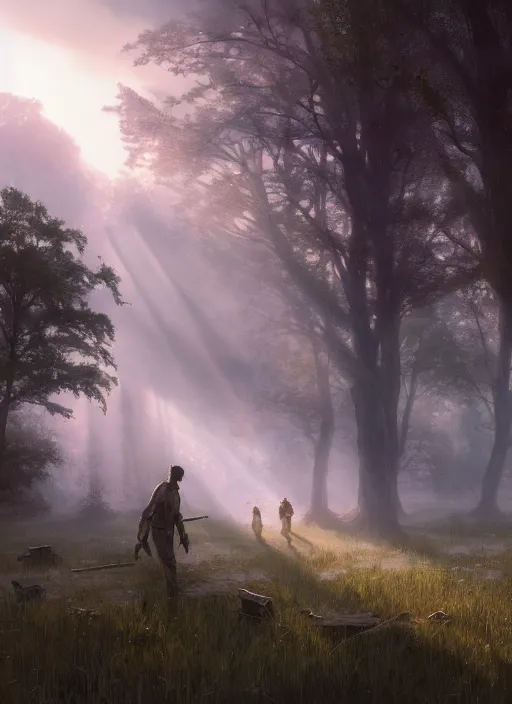 Prompt: rural wisconsin after zombie apocalypse, mist, sunrays, dust in the air, dnd character, unreal engine, octane render, dramatic lighting, pond, digital art, by stanley artgerm lau, greg rutkowski, thomas kindkade, alphonse mucha, loish, norman rockwell,