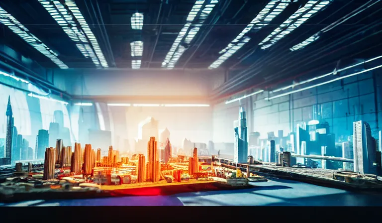 Image similar to group of people in simple warehouse, looking at hologram of futuristic city on a table, cinematic concept art, godrays, golden hour, natural sunlight, 4 k, clear details, tabletop model buildings, center model buildings, hologram center, crane shot, crane shot, crane shot