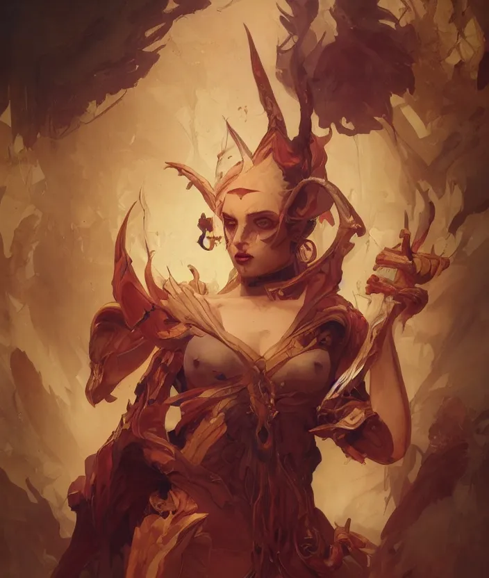 Image similar to excellent painted portrait of the grand demon tyrant, high quality masterpiece painted portrait, symmetry, 4k, trending on artstation, octane render, art by artgerm and greg rutkowski and alphonse mucha and craig mullins and James Jean and Andrei Riabovitchev and Marc Simonetti and peter mohrbacher