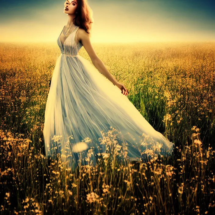 Prompt: photo of a very beautiful!! woman on intricate dress in an endless heavenly meadow, 4 k, hdr, smooth, sharp focus, high resolution, award - winning photo, trending on artstation, 5 0 mm