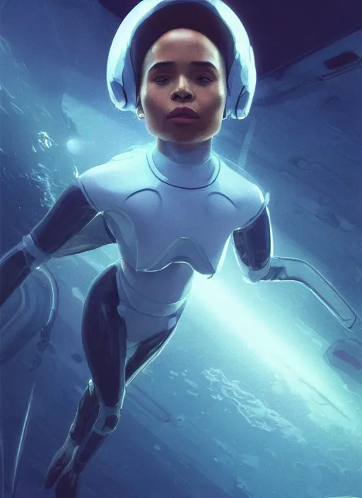 Image similar to Zoe Kravitz with short hair as a futuristic astronaut, helmet with led lights, underwater in the ocean at night, clear water, volumetric lighting, glowing lights, 4k, octane, digital painting, artstation, concept art, sharp focus, illustration, art by artgerm and greg rutkowski and alphonse mucha , wide angle view,