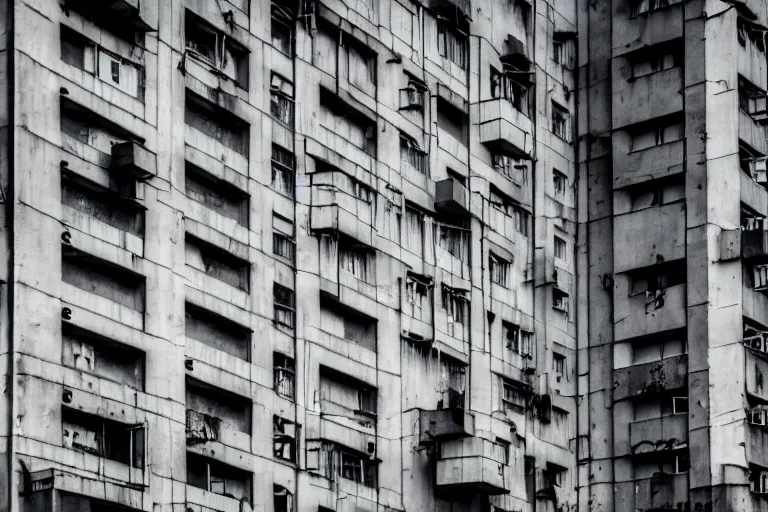 Prompt: photo of bauhaus graffiti on brutalist building in dystopian shenzhen wide angle