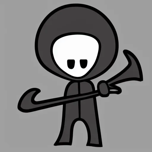 Image similar to cute cartoon drawing of a grim reaper with childish proportions holding a scythe, big head, big eyes, skull head