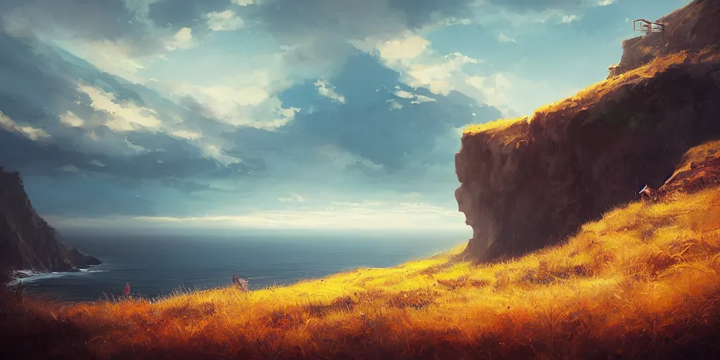 Prompt: Field on the edge of a cliff overlooking the ocean by Jessica Rossier and Alena Aenami trending on artstation