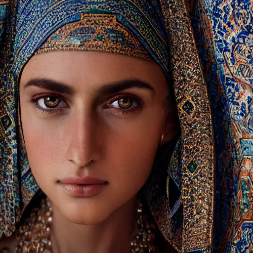 Image similar to portrait of a stunningly beautiful arabic tribal female, depth of field, zeiss lens, detailed, symmetrical, centered, fashion photoshoot, by Annie Leibovitz and Steve McCurry, David Lazar, Jimmy Nelsson, Breathtaking, 8k resolution, extremely detailed, beautiful, establishing shot, artistic, hyperrealistic, beautiful face, octane render