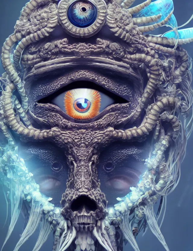 Image similar to eye of goddess macro close - up portrait with mask made of ram phoenix skull. betta fish, jellyfish, plasma, water, wind, creature, super intricate ornaments artwork by tooth wu and wlop and beeple and greg rutkowski