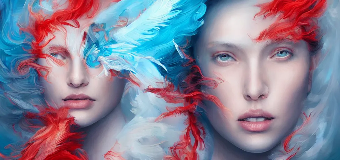 Image similar to a painting of a woman who made of curly and transparent feathers and cloud with red edges is holding a sword, a digital painting by charlie bowater, made of many translucent layers of blue feathers and cloud, metaphysical painting, speedpainting, digital painting, holographic undertones, highly saturated colors, 4 k, glossy eyes, concept art, trending on artstation