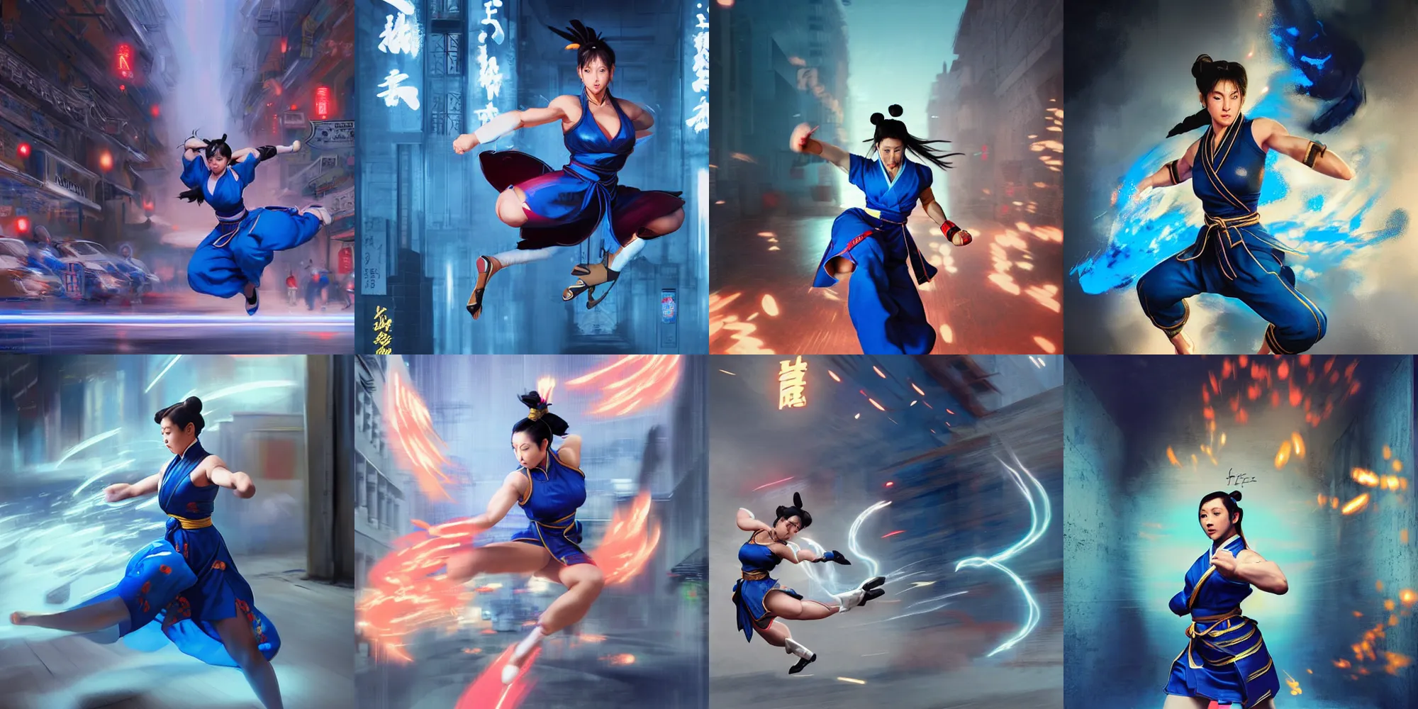 Prompt: chun - li, in a blue qipao, standing, kicking multiple times, long exposure, street fighter, energetic, dynamic, matte painting by greg rutkowski