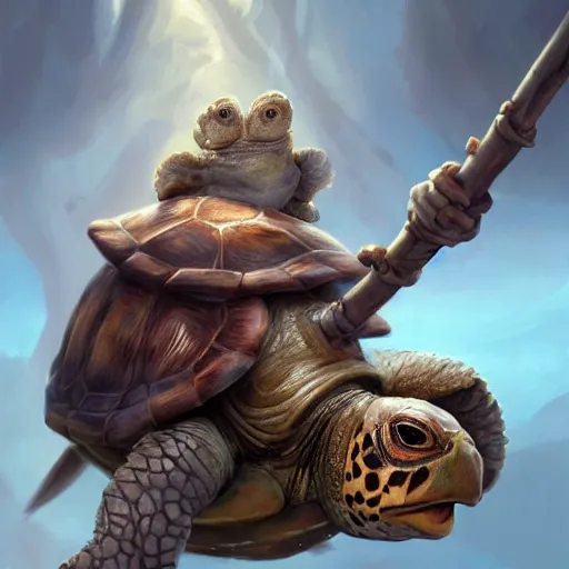 Image similar to cute wise sage turtle holding a staff, wearing a cloak, subsurface scattering, by jesper ejsing, justin gerard, tomasz alen kopera, cgsociety and fenghua zhong, highly detailed, rim light, cinematic lighting, illustration, art, octane render, very coherent, cinematic, hyper realism, high detail, octane render, 8 k