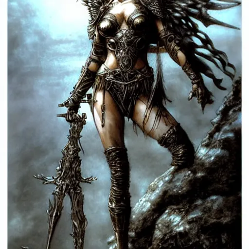 Image similar to valkyrie standing triumphantly atop a pile of bones by luis royo, epic fantasy, soft details, illustration, artstation, intricate, sharp focus, highly detailed, elegant, concept art