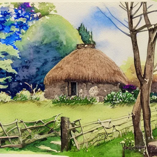 Prompt: a peaceful scene with old thatched cottage nestling amongst the trees, watercolor, wide angle