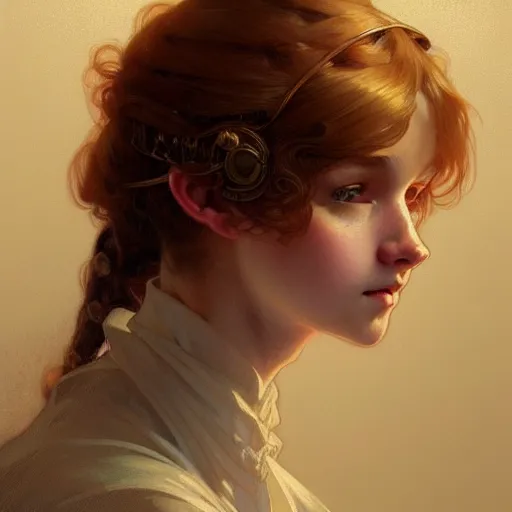 Prompt: portrait of a scottish teenage girl with dark blonde hair, glowing skin, intelligent face, fantasy, intricate, elegant, dress shirt, highly detailed, digital painting, artstation, concept art, smooth, sharp focus, illustration, art by Krenz Cushart and Artem Demura and alphonse mucha