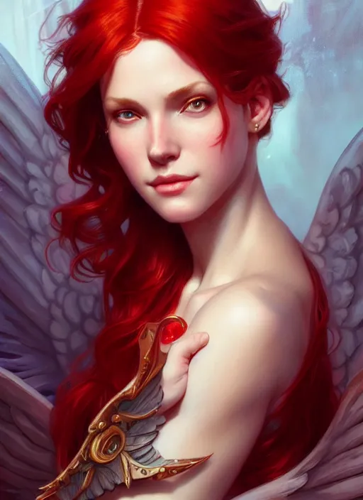 Image similar to a beautiful red haired woman a an angel, deep focus, d & d, fantasy, intricate, elegant, highly detailed, digital painting, artstation, concept art, matte, sharp focus, illustration, hearthstone, art by artgerm and greg rutkowski and alphonse mucha