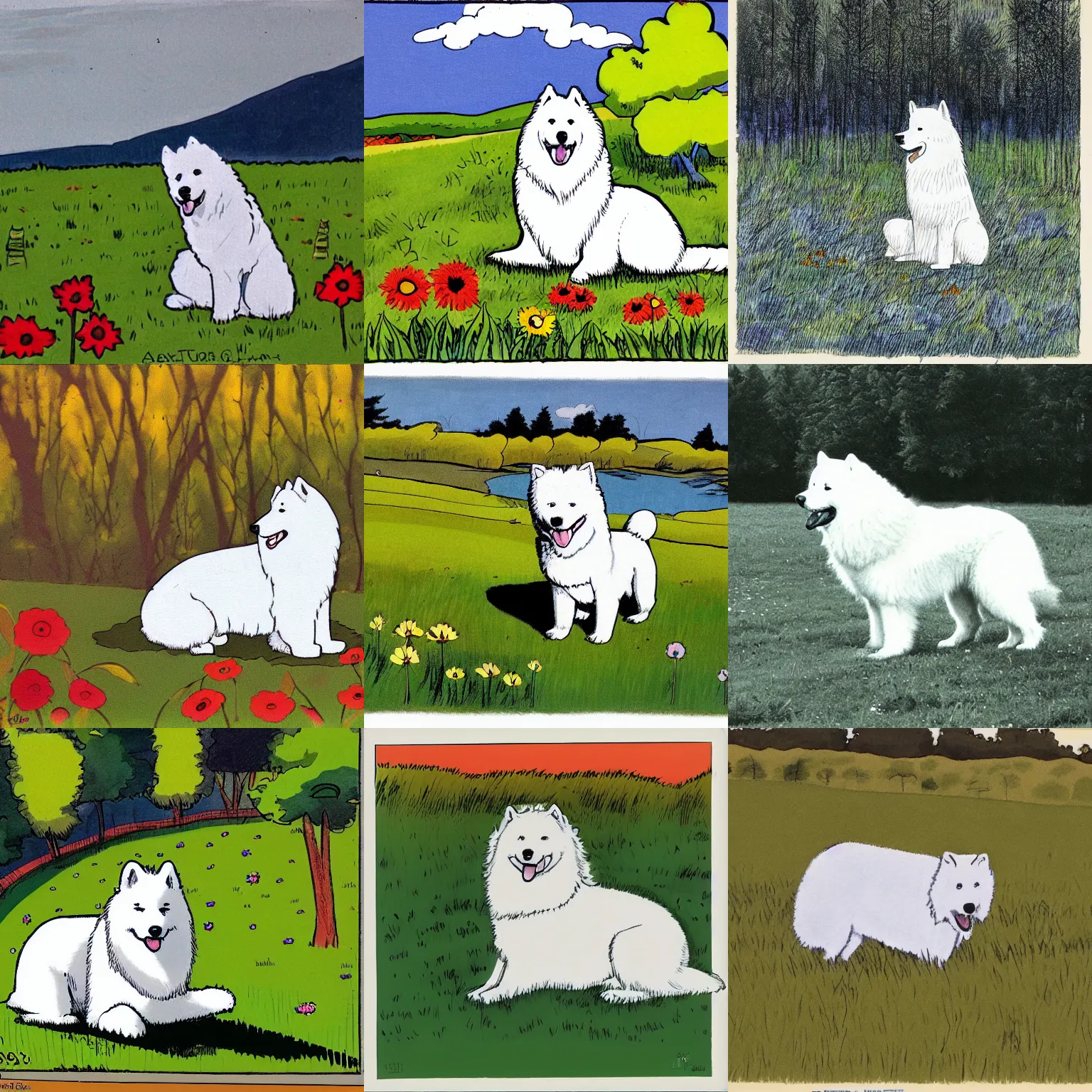 Prompt: a samoyed dog sitting in the middle of sunny meadow, colored, by Alex Toth