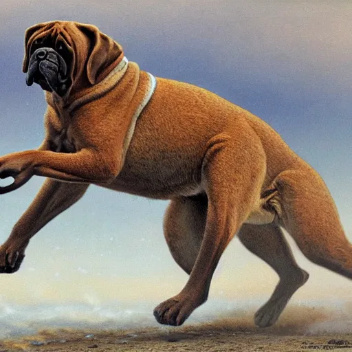 Image similar to a boerboel mastiff running, chasing a kangaroo, detailed, intricate, by ted nasmith