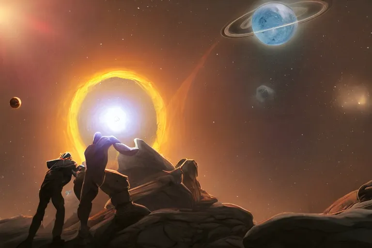 Prompt: A man summon a planetary system from his hands, Artstation