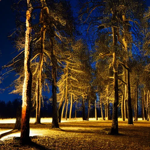 Image similar to Photorealistic, highly detailed, forest landscape, dark blue background, illuminated big wintry oak trees with different colors, night time