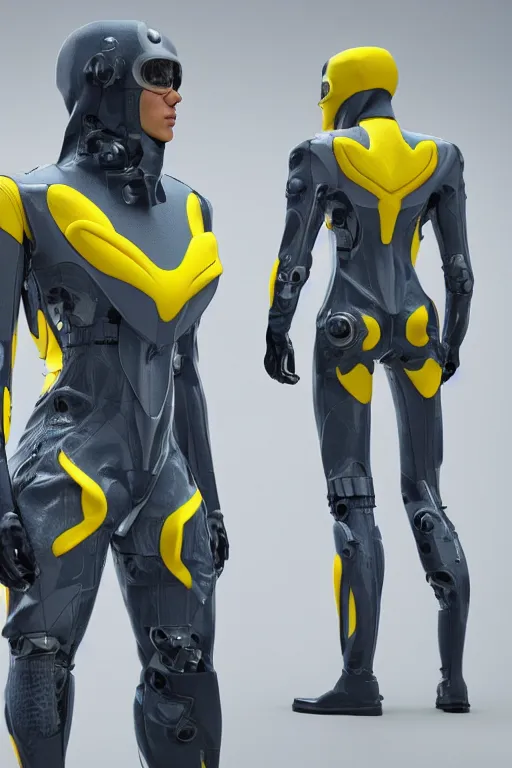 Prompt: cyborg wearing the jacket of the future. ultra technological jacket. techwear. detailed. ultra realistic. octane render. studio illumination. rainy. blue, matte grey and yellow colors.