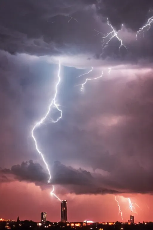 Image similar to strange and ominous clouds with lightning and a tower rising through the mist, vapor wave