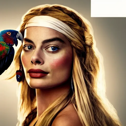 Prompt: margot robbie as jack sparrow with a parrot on the shoulder, realistic portrait, 8k resolution, hyper detailed, studio lighting, cinematic