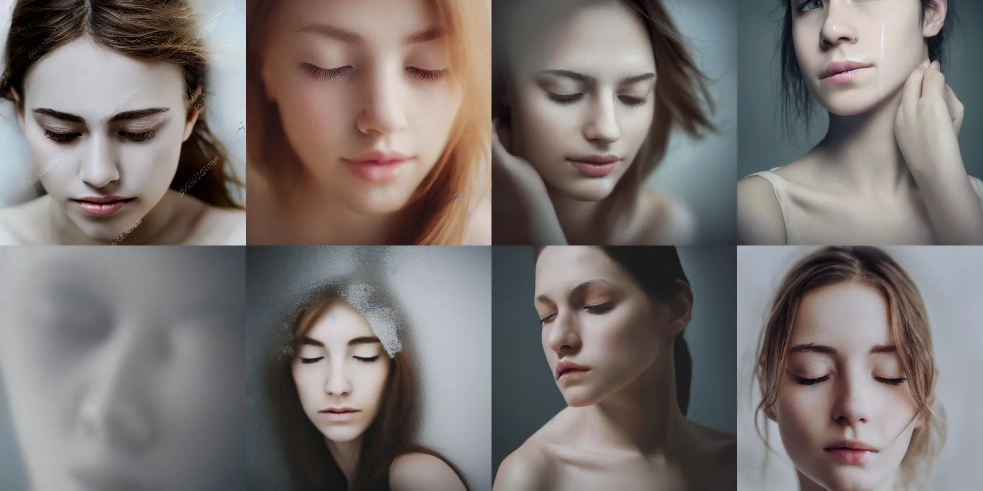 Image similar to photorealistic portrait of a beautiful young woman, very blurry, out of focus, translucent stone white skin, closed eyes, foggy, closeup