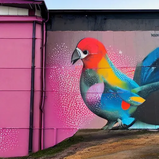 Prompt: an enormous mural in pink and orange, many colorful birds and exuberant fish mixing and blending, urban Street art by refreshink, l7m, pantone, ghibli