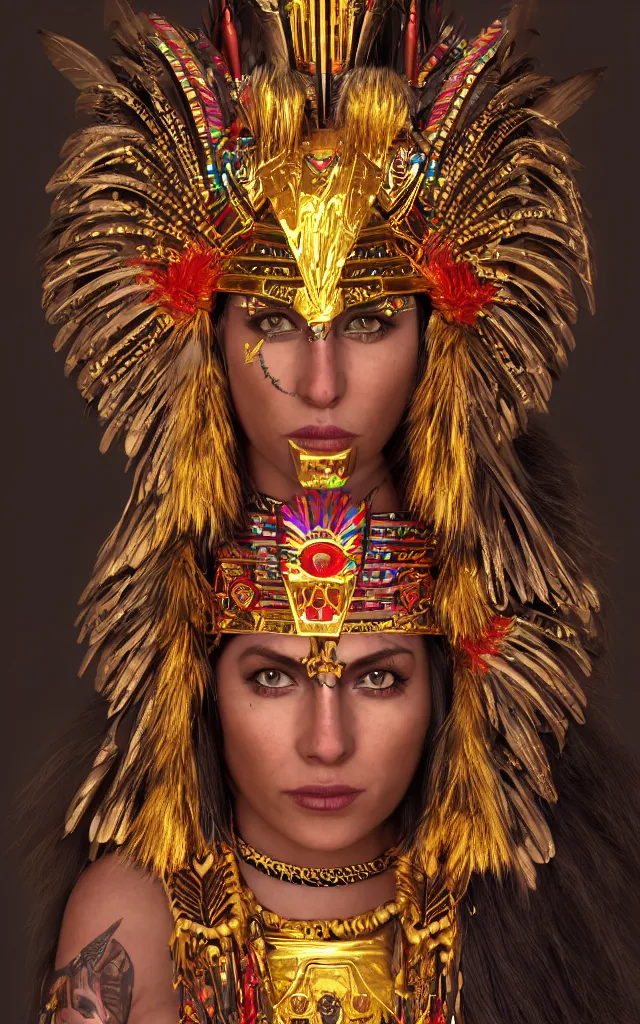 Prompt: native aztec neondmt warrior princess goddess with a golden headdress, piercing glowing eyes, aztec dmt gilded gold foil tattoos, uncropped photo, 4 k cinematic hyperdetailed photorender realityengine ultrahd fantasy concept art