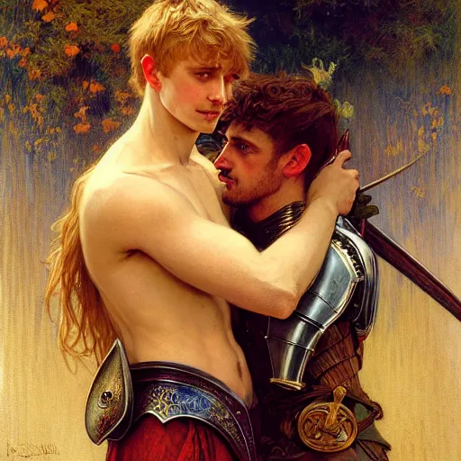 Image similar to attractive arthur pendragon and his attractive male knight, they are in love, natural lighting, path traced, highly detailed, high quality, digital painting, by gaston bussiere, craig mullins, alphonse mucha j. c. leyendecker