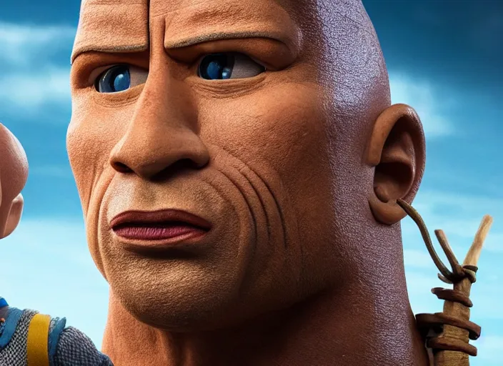 Prompt: film still of dwayne the rock johnson as pinocchio in the new pinocchio movie, 4 k, puppet boy, long nose, wooden, highly detailed face, detailed eyes