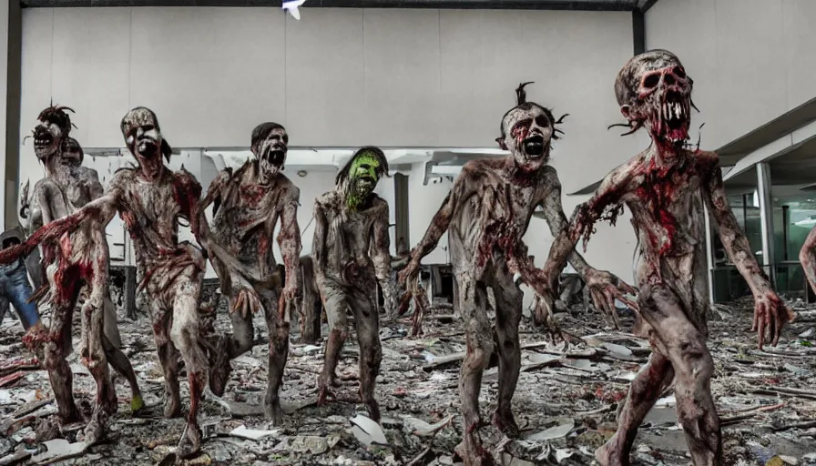 Image similar to a group of grotesque zombies parading through an abandoned , destroyed mall , 4k ,ultrareallistic , sharp