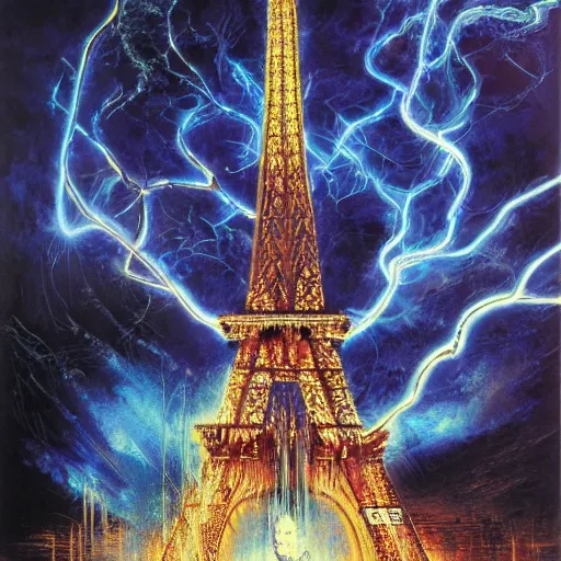 Prompt: realistic detailed image of a lightning strike, Eiffel Tower, by Ayami Kojima, Amano, Karol Bak, Greg Hildebrandt, and Mark Brooks, Neo-Gothic, gothic, rich deep colors. Beksinski painting, part by Adrian Ghenie and Gerhard Richter. art by Takato Yamamoto. masterpiece
