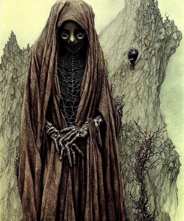 Prompt: a detailed creepy woman with many spider joints stands among the hills. wearing a ripped mantle, robe. perfect faces, extremely high details, realistic, fantasy art, solo, masterpiece, art by zdzislaw beksinski, arthur rackham, dariusz zawadzki