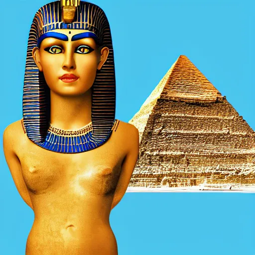 Image similar to cleopatra in ancient egypt in front of a pyramid, perfect, hyperrealistic and ultra detailed face , wild blue eyes and brown, short and straight hair