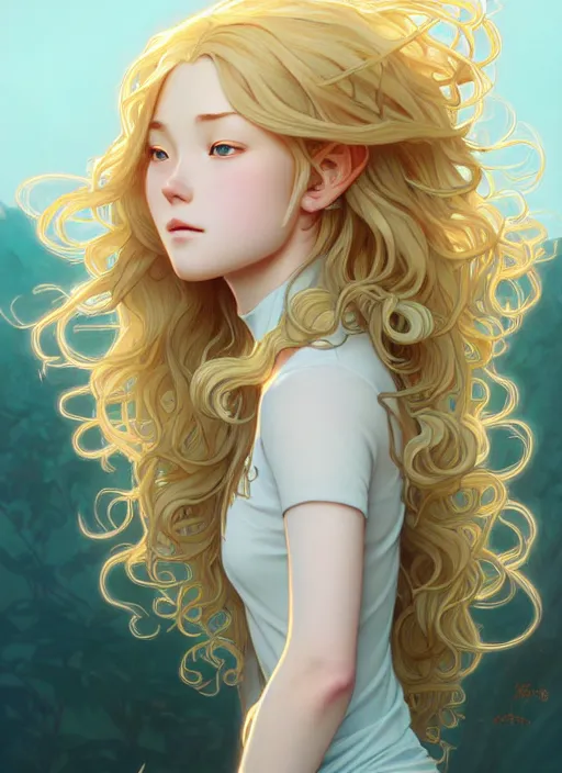 Image similar to young woman with medium - length, curly, golden hair, aquamarine eyes, natural lighting, path traced, highly detailed, high quality, cartoon, digital painting, by new haicheng and ross tran and studio ghibli and alphonse mucha