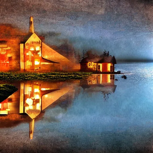 Image similar to a lamplit village on the coast of a lake, deep underground digital art