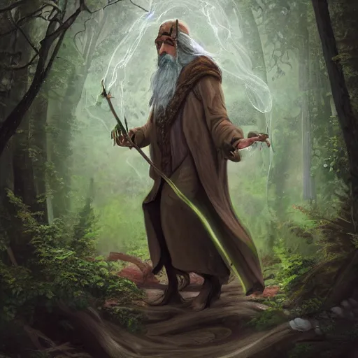 Prompt: a wizard in the center of a forest casting a spell, trending on artstaion, digital art, hyper detailed