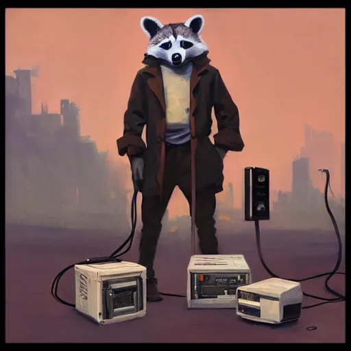 Image similar to greg manchess painting of a trash panda character, holding a box of cables and standing next to old electronic equiptment, medium shot, asymmetrical, profile picture, organic painting, sunny day, matte painting, bold shapes, hard edges, street art, trending on artstation, by huang guangjian and gil elvgren and sachin teng