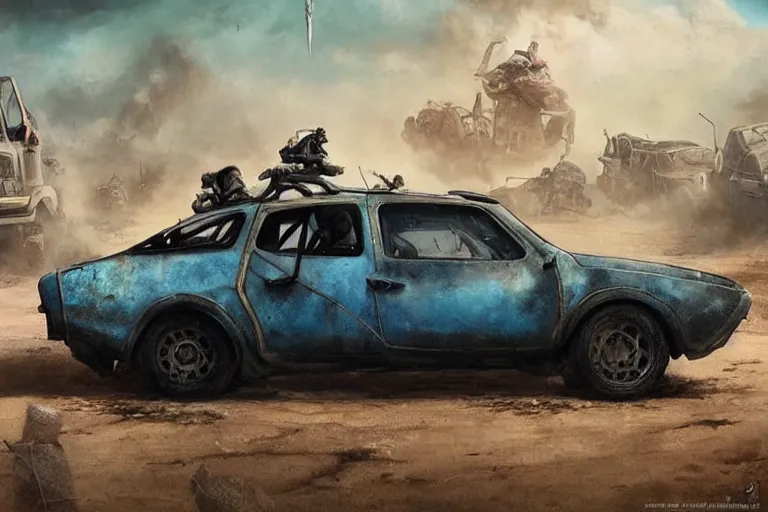 Image similar to Dacia 1310 in Mad Max, coriolios rpg art style, full of details, dark sci-fi, cold blue colors, matte painting, artstation, 8k, hyperrealistic, style of peter mohrbacher