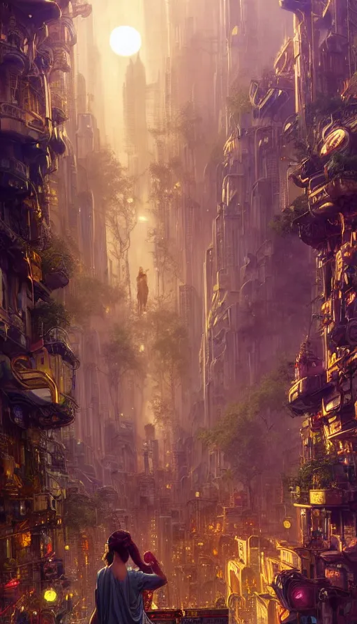 Image similar to golden goddess cutting a hyper realistic cyberpunk city in half with magic, crowded market street overtaken by lush plants, kittens, full moon, light rays, gnarly trees by tom bagshaw, mucha, gaston bussiere, craig mullins, j. c. leyendecker 8 k