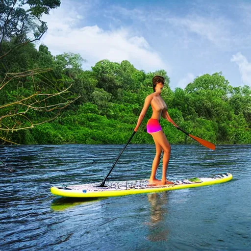 Prompt: a view of a human - sized lemur on a stand up paddleboard floating down the middle of a river with cliffs on either side, digital art